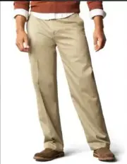 Men's Dockers Pants 36x32 Signature Khaki Adjustable Waist Flat Front Pant Beige