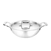 Triply Food Grade Stainless Steel Kadhai Wok with Lid Induction Compatible 22 cm