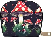 [JEJEA] Magic Mushrooms Print Credit Card Holder Wallet, Small Card Holder Wallet with Zipper,Leather Card Holder, White, One Size