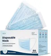 WeCare Individually Wrapped Disposable Face Masks - 50 Pack, Blue - Soft on Skin - 3 Ply Protectors with Elastic Earloops - Latex Free, Non Woven, Single Use - Effective Filtration - Retail Packaging