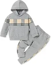[FoWear] Toddler Boy Clothes Kid Fall Outfit Plaid Patchwork Hooded Long Sleeve Sweatshirt Pants Outfits Sets
