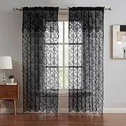 LINENZONE Pair of 2 Lace Curtain Panels with Attached Valance and 6 Tassels. Our 96 Inch Curtains Work Great as Lace Curtains, Living Room Curtains or Bedroom Curtains. (Mia 54"W x 96"L, Black)