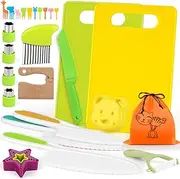 30 Pieces Kids Cooking Sets- Montessori Kitchen Tools for Toddlers,Safe Knives Crinkle Cutter Kids Cutting Board Peeler Fruit Cutters Shapes Animal Fruit Fork Storage Bag for Real Cooking