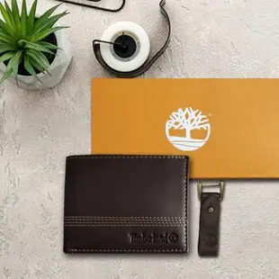 【Timberland】男皮夾 短夾 簡式卡夾+鑰匙圈套組 品牌盒裝+原廠提袋／棕黑色