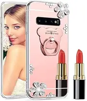 LEECOCO Samsung Galaxy S10e Case Glitter Crystal Bear Mirror Makeup Silicon TPU Soft Rubber Case with Bear Ring Stand Holder Cover for Samsung Galaxy S10e TPU Bear Rose Gold