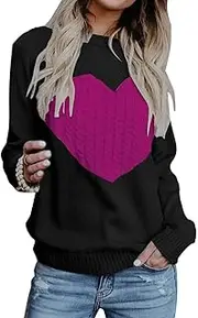 [Cogild] Women Cute Heart Sweaters Casual Lattern Sleeve Crew Neck Knit Pullover Sweater Top