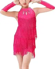 [FEOYA] Girls Latin Dress Kids Tassel Glitter Dance Dress Sleeveless Dance Wear Halterneck Fringe One Piece Shorts Tango Samba Jazz Dance Outfit with Gloves 3-14 Years