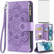 [Asuwish] Compatible with Samsung Galaxy S20 Glaxay S 20 5G UW 6.2 inch Wallet Case and Tempered Glass Screen Protector Flower Leather Flip Card Holder Cell Phone Cover for Gaxaly 20S G5 Women Purple