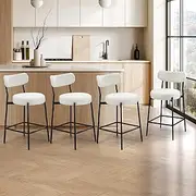 [OIKITURE] Bar Stools Set of 4 Sherpe Bar Stool 65cm Seat Height with Boucle Fabric Backrest Modern Counter Kitchen Chairs Dining Chair, White