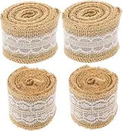 VINTORKY 4 Rolls Burlap Napkin Rings with Lace Rustic Jute Ribbons for DIY Crafts Wedding Decor Reusable for Parties and