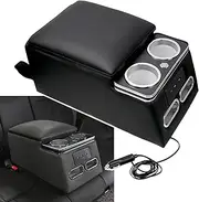 Sporacingrts Black Universal Truck Seat/Bench Organizer with LED Light, USB Port, Cup Holders, Armrest, Padded Top Lid - Ideal for Business Upgrade Center Console Organizerand