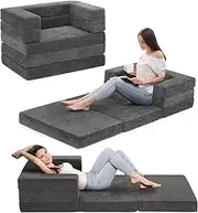 [Rengue] Convertible Sofa Bed with Armrest - 24.41''x37.4''x24.8'' Foldable Couch, Memory Foam Mattress, Washable Linen Cover, Ideal for Living Room, Dorm, Guest Room (Dark Grey)