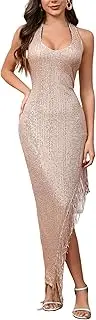 [BINXIAD] Women's V Neck Asymmetrical Fringe Hem Sleeveless Bodycon Dress Halter Backless Sequins Tassels Maxi Dress, Champagne, Medium