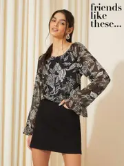 Friends Like These Black/White Long Sleeve Ruffle Chiffon Blouse (K67506) | $78