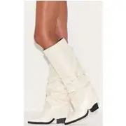 Cream Pu Point Toe Fold Over Block Heel Knee High Boots, Cream