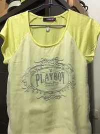 在飛比找Yahoo!奇摩拍賣優惠-專櫃正品～PLAYBOY- 兔頭雪紡紗質短袖T恤-黃色~尺寸