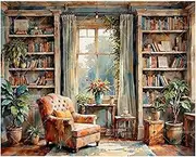 Interior Paint by Numbers Kit for Adults - DIY Rustic Home Library with Armchair and Plants Painting on Canvas 16x20 Inches, Acrylic Paint Set, Suitable for Beginners,Art for Home Decoration