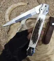 Custom Hand made Liner Lock Stag Antler Folding Bowie knife With Sheath