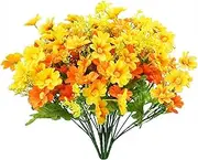 Artificial Fake Flowers, 6 Bundles Daisy Mums Flowers Outdoor UV Resistant No Fade Greenery Shrubs Plants Indoor Outside Hanging Planter Home Wedding Office DIY Garden Porch Décor (Orange Yellow)
