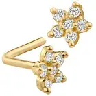 14K Solid Yellow Gold 6 Zircon Star Shaped Flower Design L Shaped Nose Ring