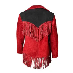 Women Vintage Red Suede Leather Fringe Jacket