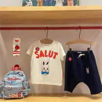 在飛比找ETMall東森購物網優惠-2023年BE夏季新款韓國ins童裝粉色領結兔短袖T+藍色大