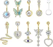 [Milacolato] 14G Belly Button Piercing Ring Belly Bar Kit Surgical Steel Stainless Steel Dangle Belly Button Piercing Jewellery Long Chain CZ Moonstone Snake Heart Butterfly Belly Button Pack Silver Gold Pack of 10