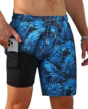 [Gleeease] Men's Swim Trunks 7 Inch with Compression Liner 2 in 1 Swim Shorts Stretch Quick Dry Bathing Suits with Pockets