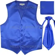 New Men's Tuxedo Vest Horizontal Stripes Ascot Cravat Hankie set Royal Blue