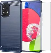 [Asuwish] Phone Case for for Samsung Galaxy A53 5G 2022 with Tempered Glass Screen Protector Cover and Cell Accessories Slim TPU Silicone Gaxaly A53 G5 Galaxies 53A SM A536U Women Men Carbon Fiber Blue