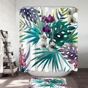 Tropical Leaves and Purple White Orchid Flowers Shower Curtain