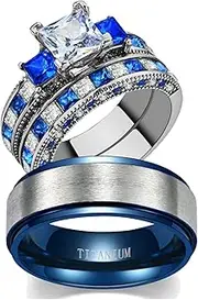 [loversring] Bridal Sets Wedding Ring Sets His and Hers Promise Ring Couples Bridal Sets Women 925 Sterling Silver Square Cz Man Titanium Wedding Bands
