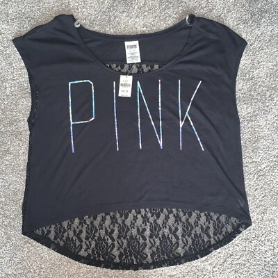 NWT Womens Victoria’s Secret PINK Black High Low Lace Cropped Top Shirt XS