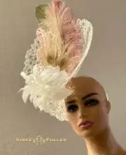 Kentucky Derby Fascinator Pink Bunny White Tan Olive Green Big Easter Hat Ascot