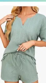 Pajamas Tank Top and Shorts Lounge Sets Waffle Knit V Neck Pj Large Army Green