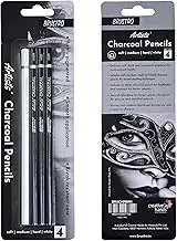 BRUSTRO Artists Charcoal Pencil - Set of 4 (3 Black Shade - Soft, Medium, Hard and 1 White - Medium) | Ideal for Drawing, Shading, Coloring, Sketching, Artwork, Portrait, Landscape, Smooth Blending