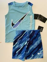 NWT Boys 4 NIKE Athletic Sleeveless “SWOSH” TOP & SHORTS 2 Piece Set Outfit BLUE