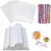 Wzenclave 300 Pcs Cake Pop Sticks and Wrappers Kit, 6-inch Paper Lollipop Sticks, Clear Candy Treat Bags Parcel, Color Twist Ties for Cakepop, Lollipop, Hard Candy, Suckers and Chocolate(8 * 12cm)