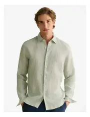 [Trenery] Tailored Fit Linen Stripe Shirt in Avocado