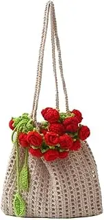 [zaoalife] Rose Bouquet Weave Bag - Cotton Rope Crochet Beach Tote with Floral,33x30cm Summer Mesh Shoulder Bag for Women, Reusable Travel & Market Tote, Red, Medium