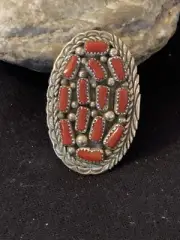 Red Coral Navajo Sterling Silver Cluster Ring Size 6.5 02220
