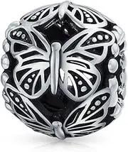 [Bling Jewelry] Garden Insect Springtime Butterfly Simulated Amethyst CZ Charm Vintage Style Barrel Bead Oxidized .925 Sterling Silver For European Bracelet
