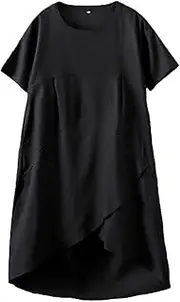 [Tebreux] Women's Linen Midi Dress Oversized Short Sleeve Sundress Baggy Tunic Dresses with Pockets