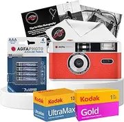 35mm Film Camera Bundle with AgfaPhoto 35mm Reusable Film Camera, Camera Film Kodak Ultramax 400 36exp, Kodak Gold 200 36exp, Battery and Clikoze Lens Cloth with Camera Photography Tips Card (Red)