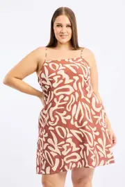 Brown Geo Shoestring Strap Linen Blend Easyfit Minidress