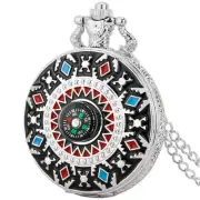 Silver Compass Alloy Case Unisex Full Hunter Quartz Pocket Watch Necklace Chain