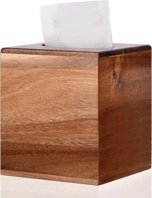 Tissue Box Cover Square, Acacia Wood Tissue Box Holder with Slide-Out Bottom, Wo