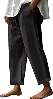 [Generic] Women's Casual Autumn Pants Button Drape Wide Leg Cotton Linen Solid Color Elastic Waist Loose Trousers Womens Black Work Shorts Multipack 3/4 Length Ladies Multi-Pack Leggings Pants