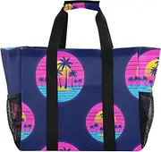 [sanluoli] Tote Bag For Women Collapsable Large Beach Bag Sandproof with Handles Laundry Tote, Summer Neon Coconut Tree Sunset Beach, 1 size