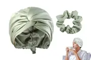 Silk Sleeping Cap with Hair Band Adjustable Double Layer Hair Bonnet for Women-Green